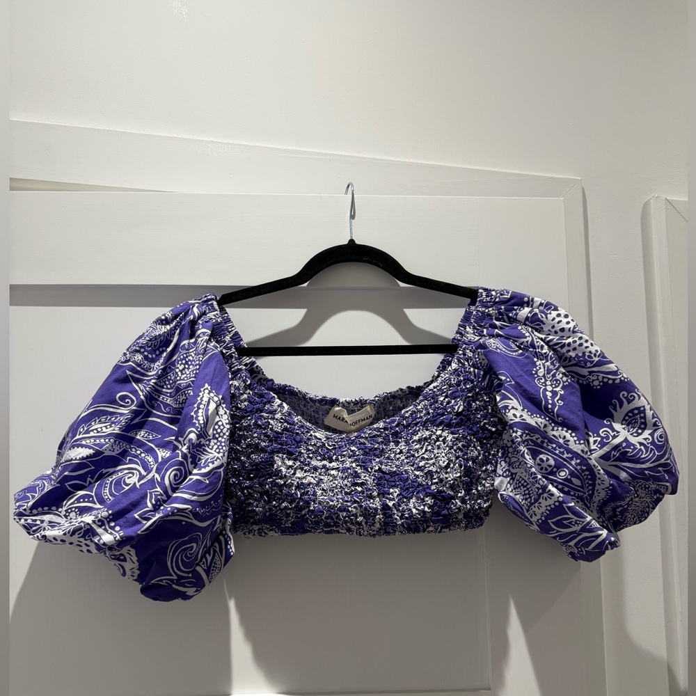 Mara Hoffman Purple and White Puff Sleeve Crop Blouse
